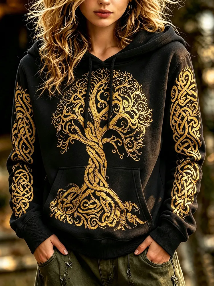 Women's Retro Bohemian Viking Style Tree Of Life Print Hooded Sweatshirt