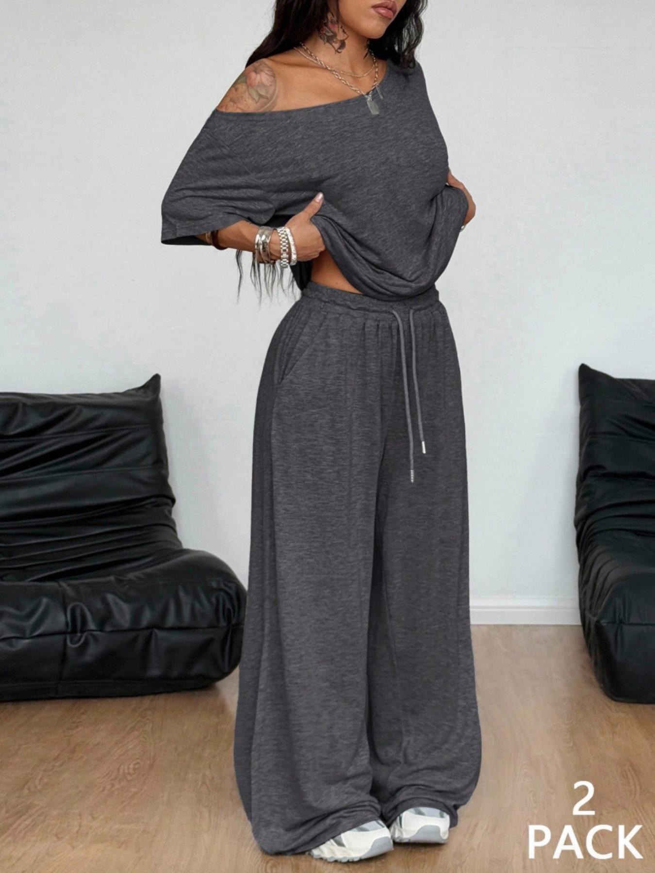 2pcs/Set Women's Minimalist Basic Casual Daily Wear Everyday Going Out Sport Comfortable Baggy Off Shoulder T-Shirt And Wide Leg Pants Two Pieces Outfits