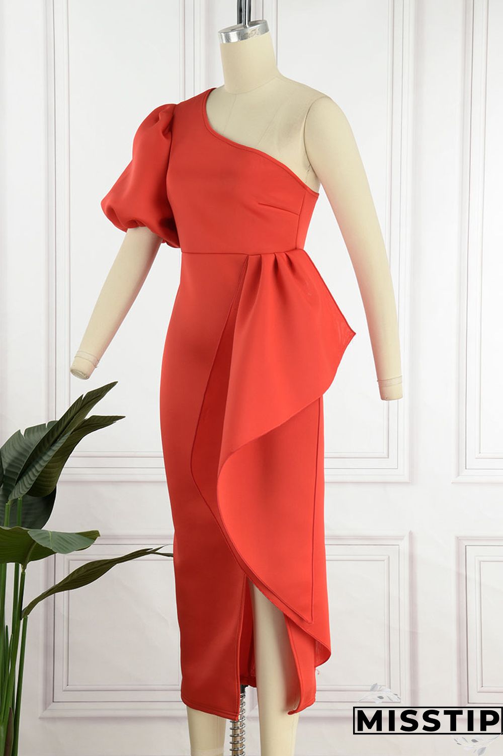 Red Elegant Solid Patchwork Flounce Asymmetrical Oblique Collar Evening Dress Dresses