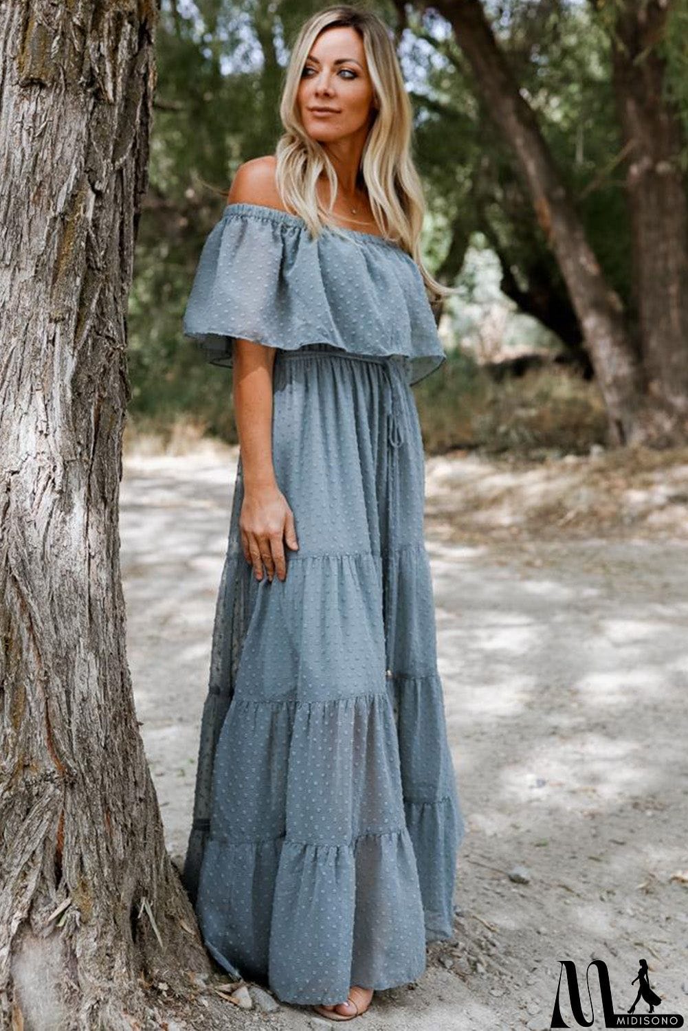 MidiSono - Rust Red Off Shoulder Ruffle Swiss Dot Maxi Dress