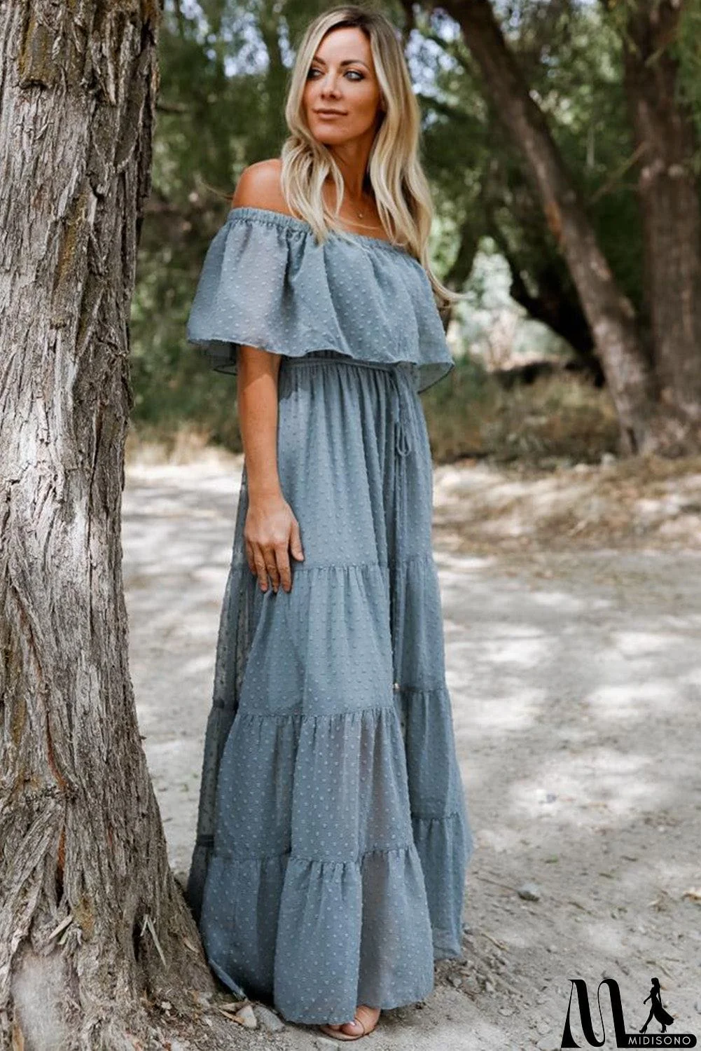 MidiSono - Rust Red Off Shoulder Ruffle Swiss Dot Maxi Dress