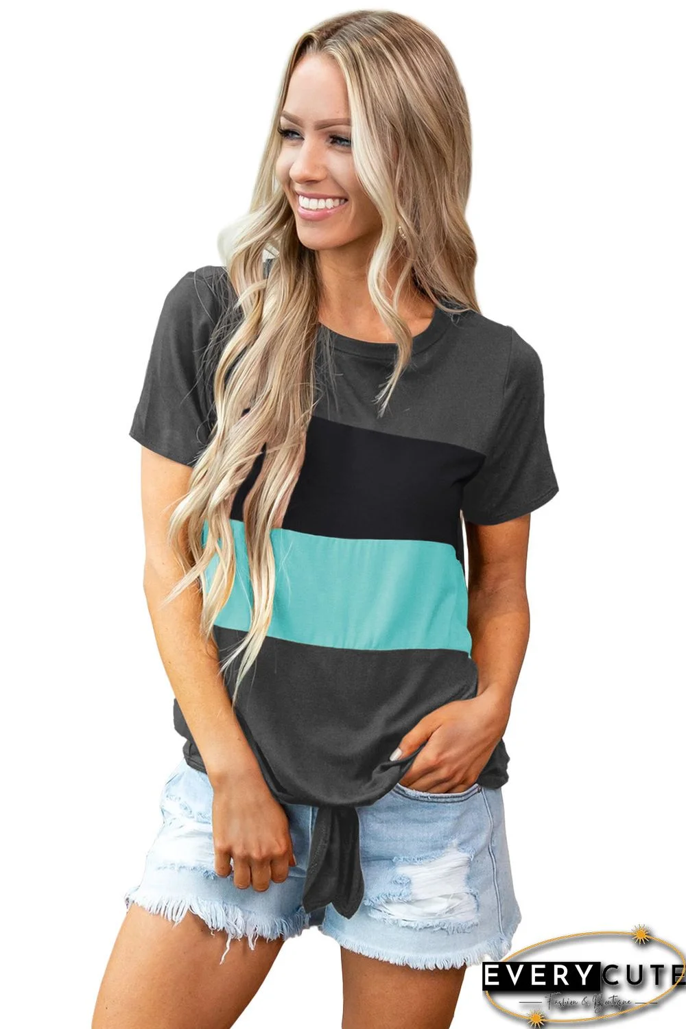 Gray Color Block Panel Front T-shirt with Knot