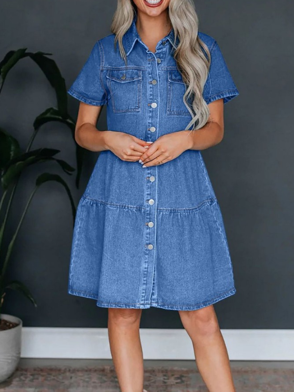 Women's Denim Dress Lapel Single Breasted Ruffle Dress