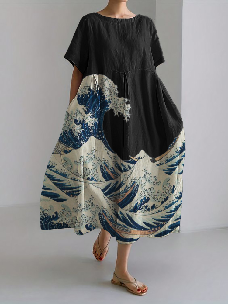 Comstylish Great Wave Japanese Art Linen Blend Maxi Dress