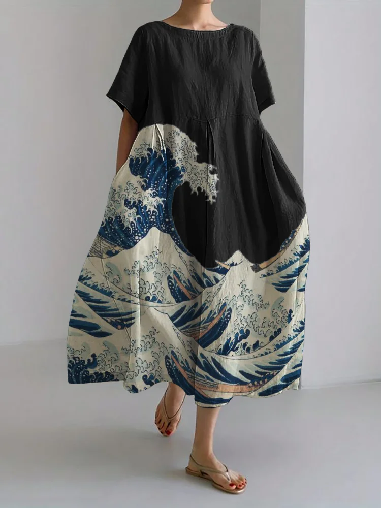 Great Wave Japanese Art Linen Blend Maxi Dress