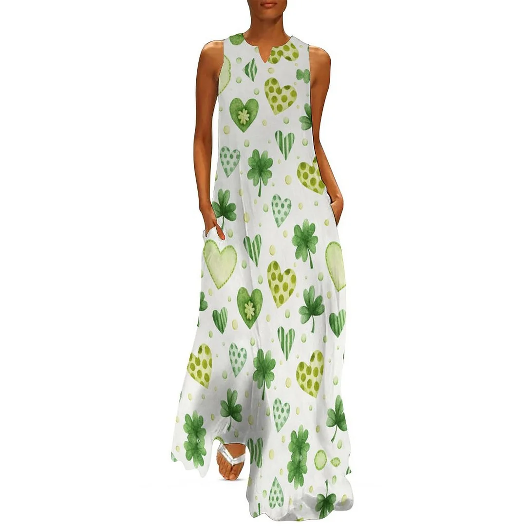 Style & Comfort for Mature Women Plus Size Printed Sleeveless Casual Women Maxi Dress with Pockets in Pattern St. Patrick's Day, Green, Clover, Lucky