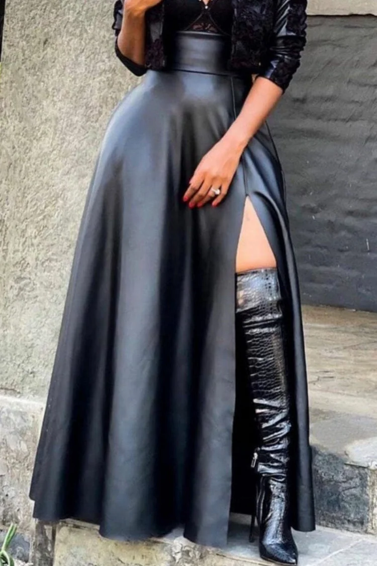Xpluswear Plus  Size Casual Black Leather High Waist Thigh Split Maxi Skirt
