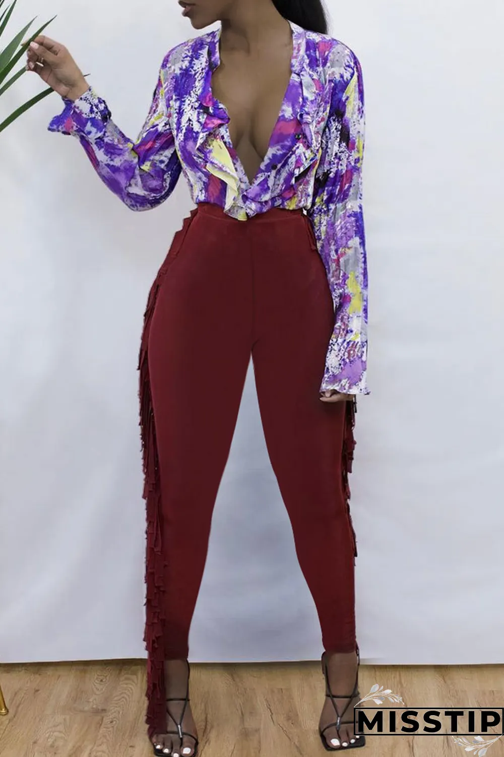 Burgundy Sexy Solid Tassel Skinny High Waist Pencil Solid Color Bottoms