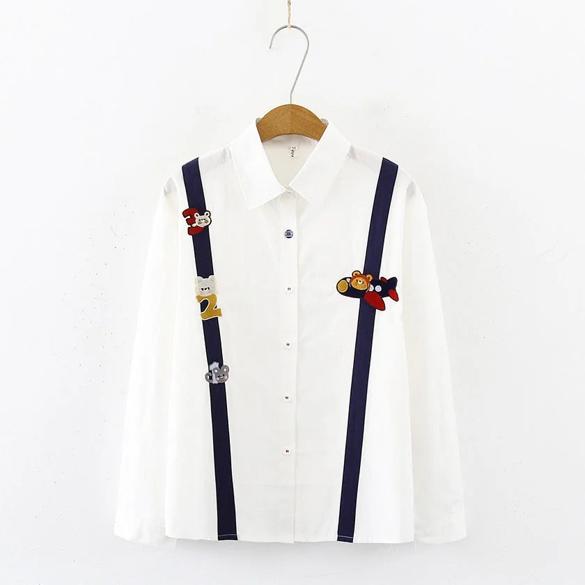 New Arrival Women Cotton Turn Down Collar Cartoon Bear Embroidery White Shirt Button Up Sweet Cute Blouse Feminina Blusa T9O909F