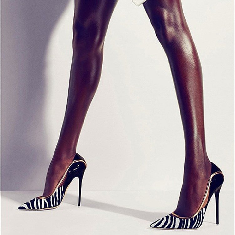 Black and White Heels Pointy Toe Zebra Stiletto Heels Pumps Nicepairs