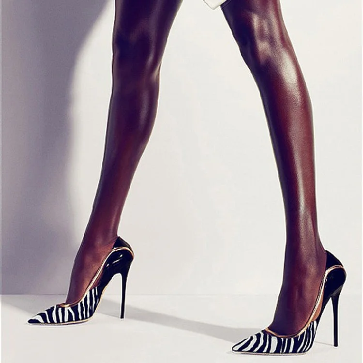 Black and White Heels Pointy Toe Zebra Stiletto Heels Pumps |FSJ Shoes