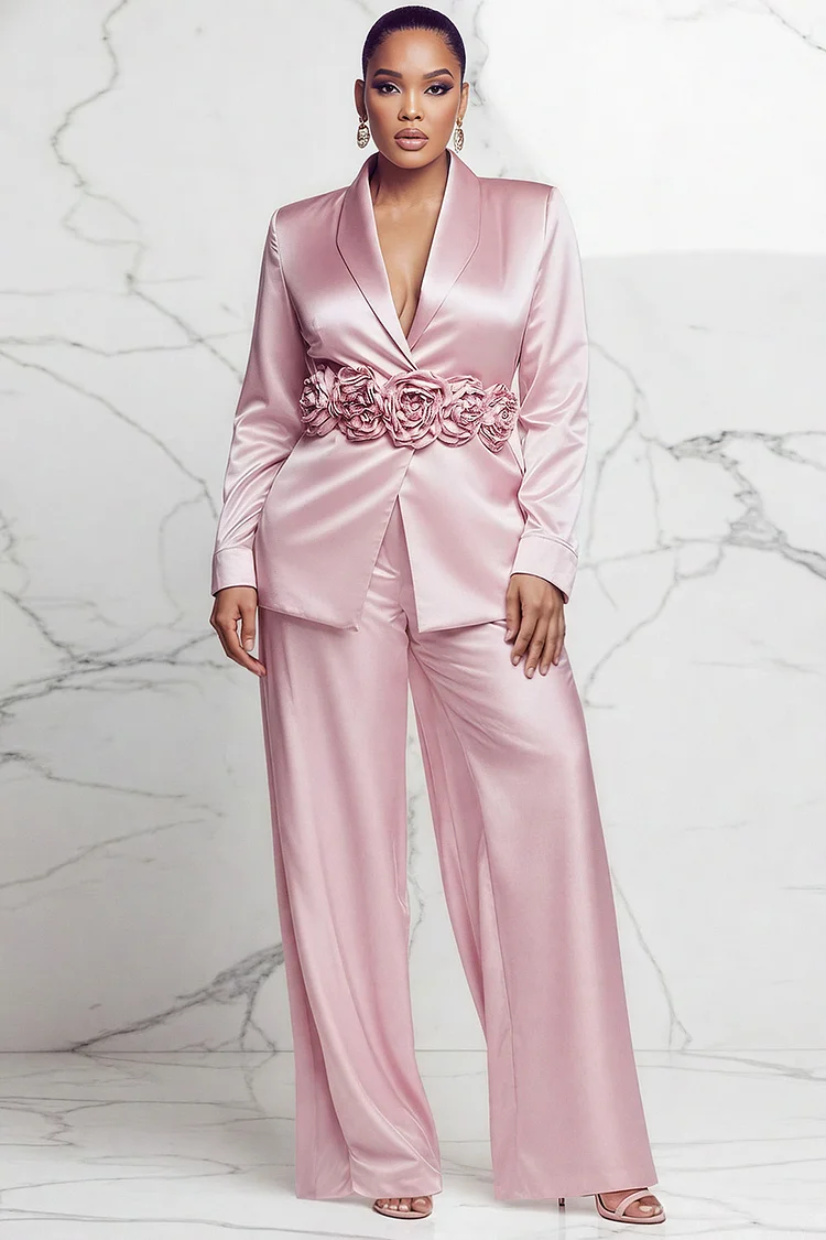 Xpluswear Design Plus Size Formal Red Turndown Collar Long Sleeve 3D Elegant Satin Two Piece Pant Suits [Pre-Order]