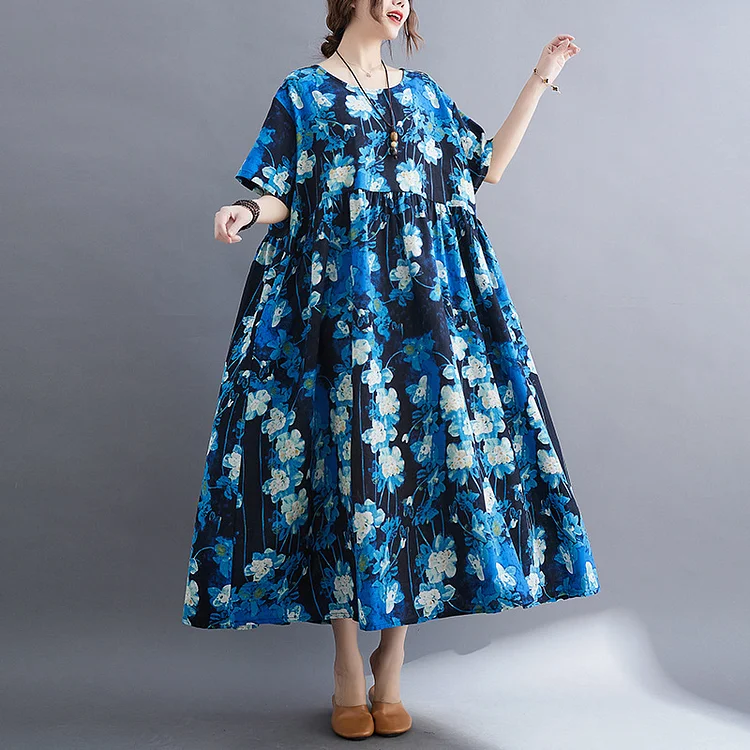 Floral Print Round Neck Loose Midi Dress