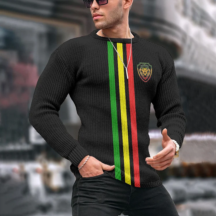 Reggae Lion Fashion Stripes Jacquard Iceland Crew Neck Sweater
