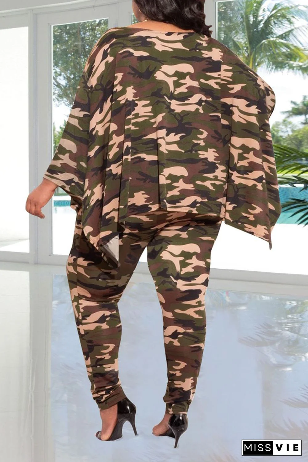 Casual Patchwork Tie-Dye V Neck Plus Size Two Pieces