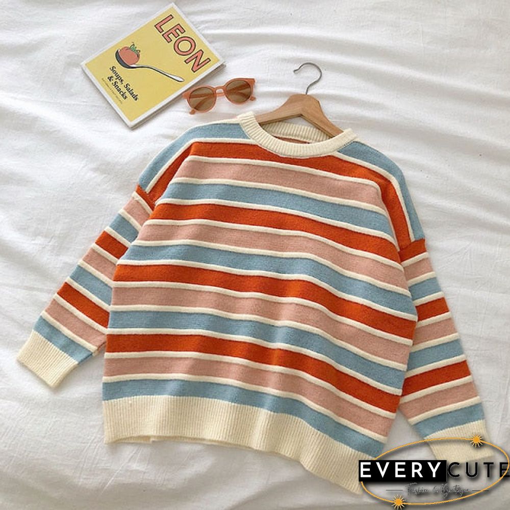 New Women Stripe Sweater Autumn Winter Loose Long Sleeve Pullover Tops Korean Ladies Knitted Patchwork Korean Sweaters