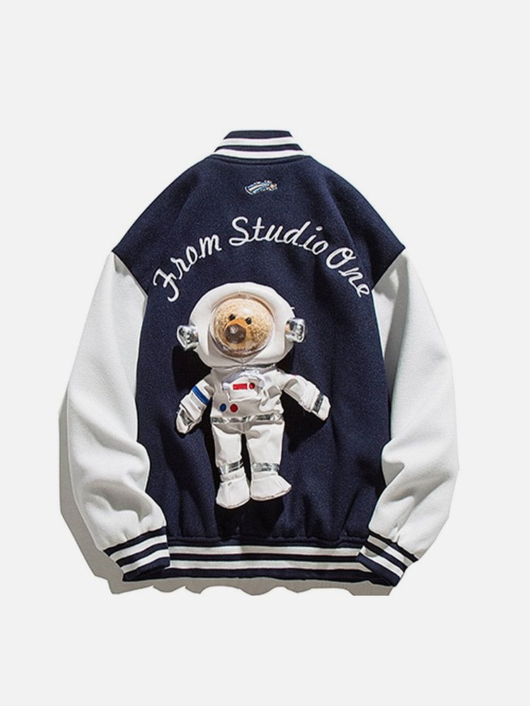 Detachable Bear Color Block Varsity Jacket