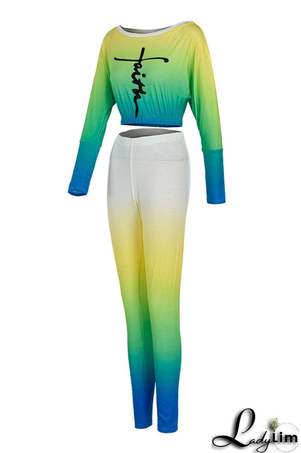 Purplish Blue Fashion Casual Gradual Change Print Basic Oblique Collar Long Sleeve Two Pieces