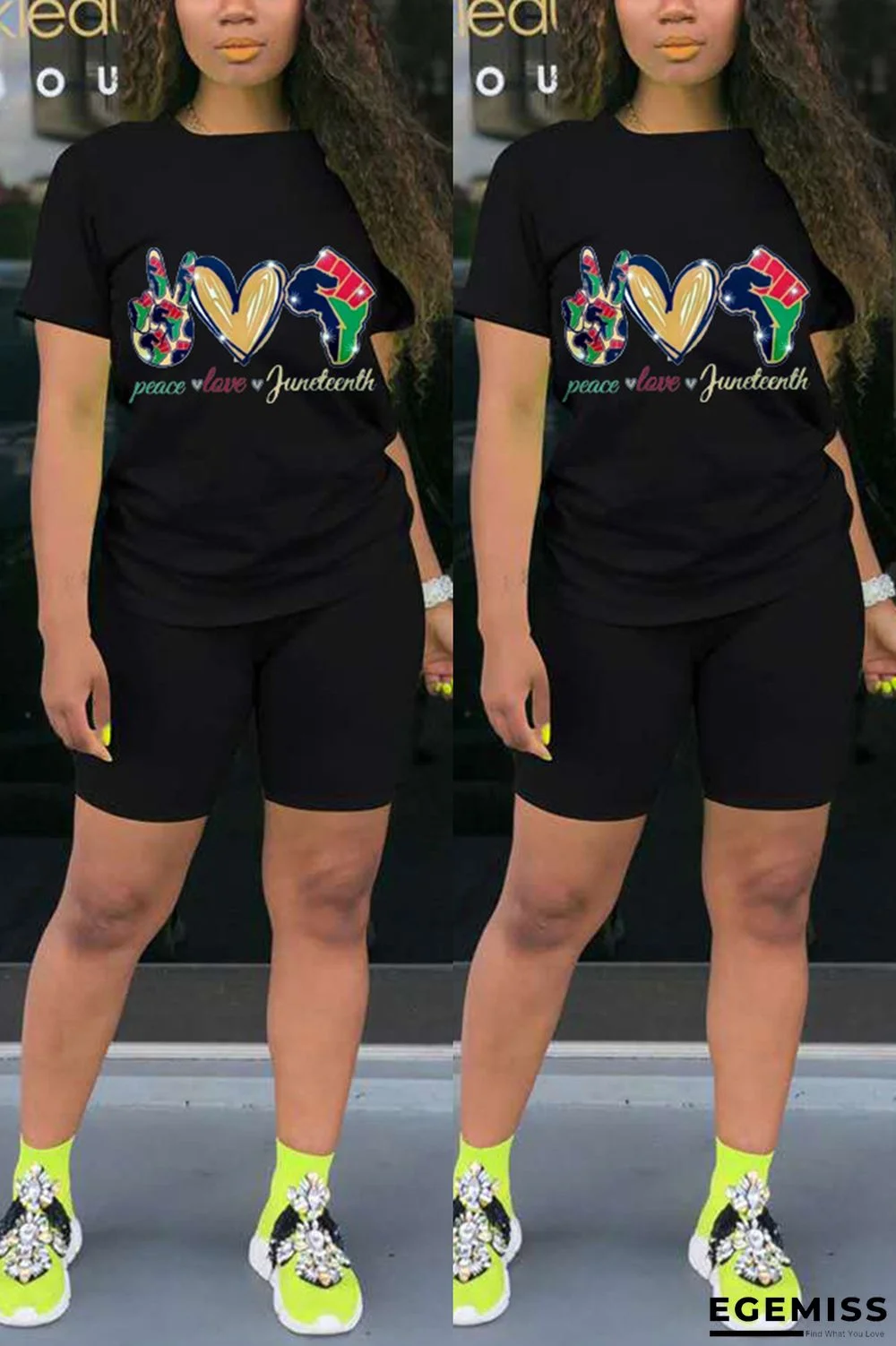 Black Fashion Casual Print Straight Short Sleeve Two Pieces | EGEMISS
