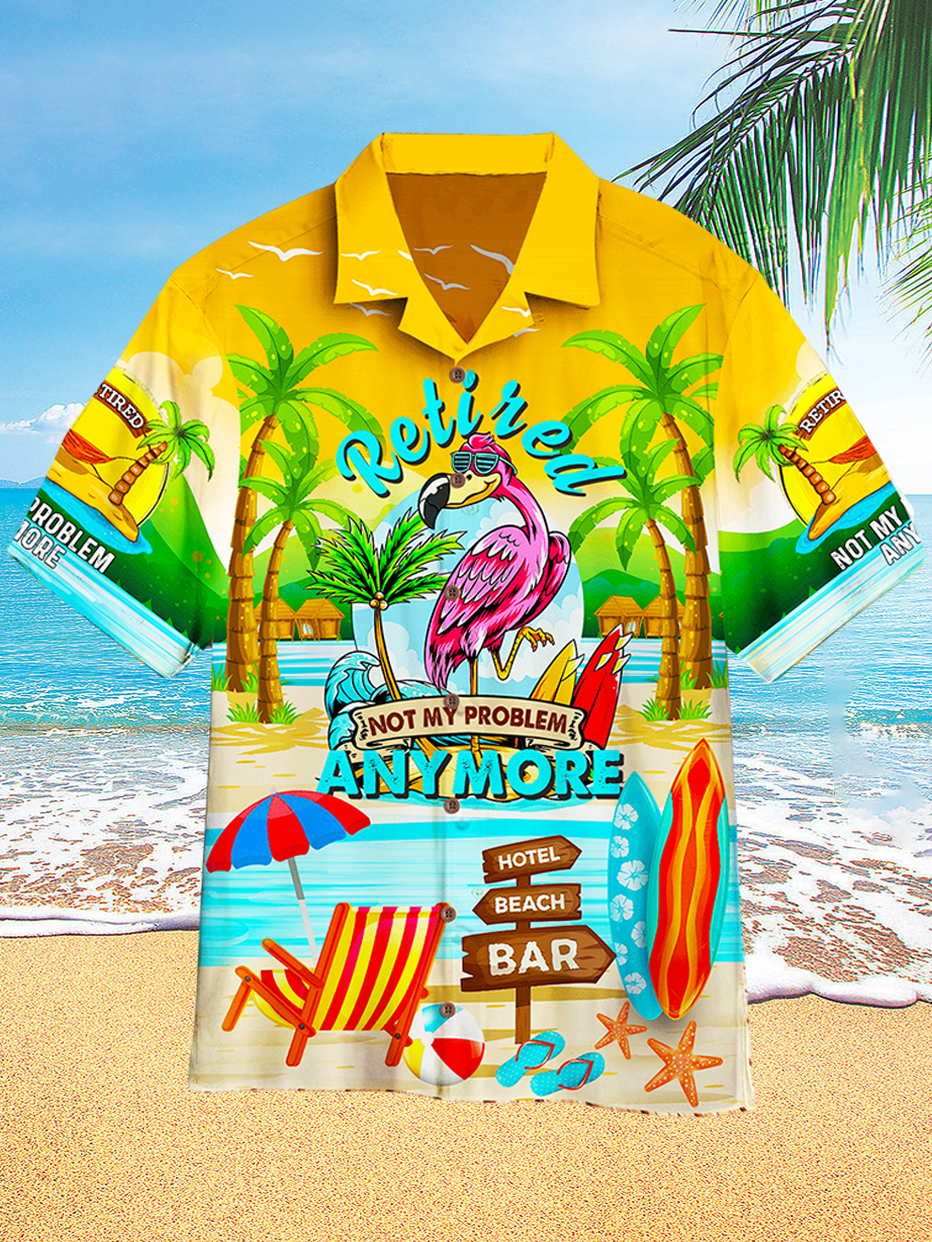 Men's Hawaiian Flamingo Surf Print Resort Short Sleeve Shirt PLUSCLOTHESMAN