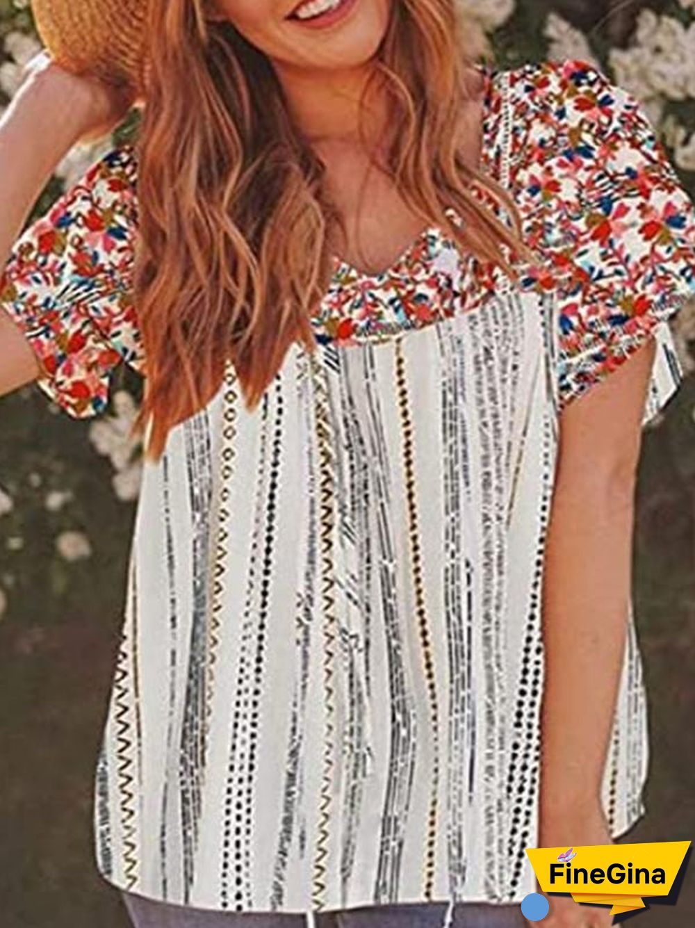 Floral Patched Knot Front Loose Shirt