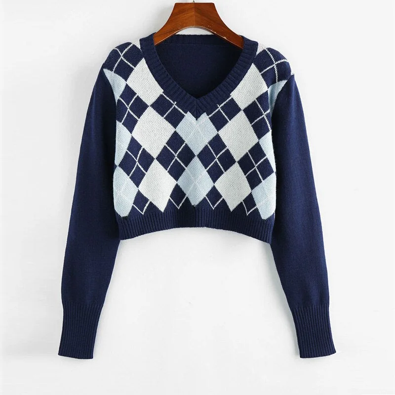 Cropped Argyle Sweater Women V Neck Long Sleeve Pullover Elegant Knit Sweater Top 2021 Fashion Za Style Autumn Jersey Mujer