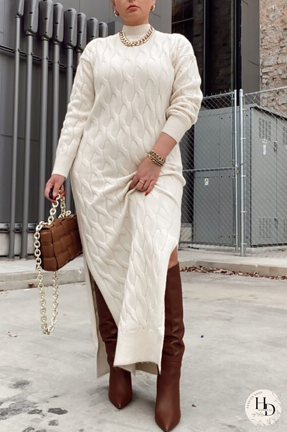 Apricot Casual Slit Mandarin Collar Dresses