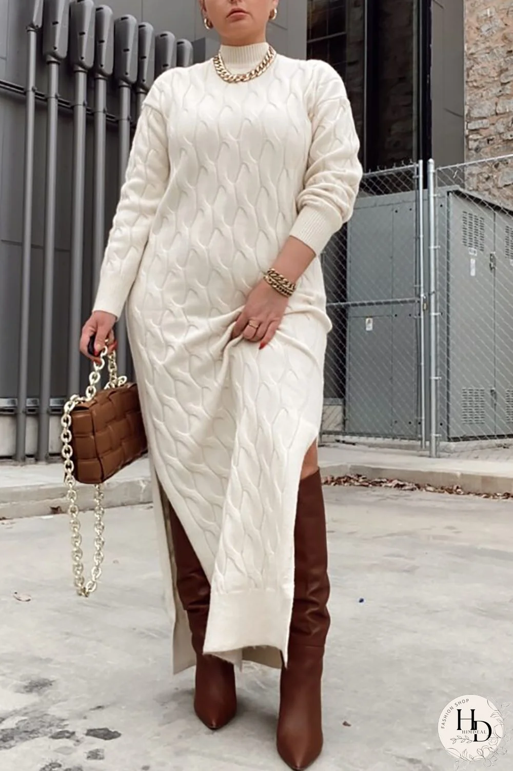 Apricot Casual Slit Mandarin Collar Dresses