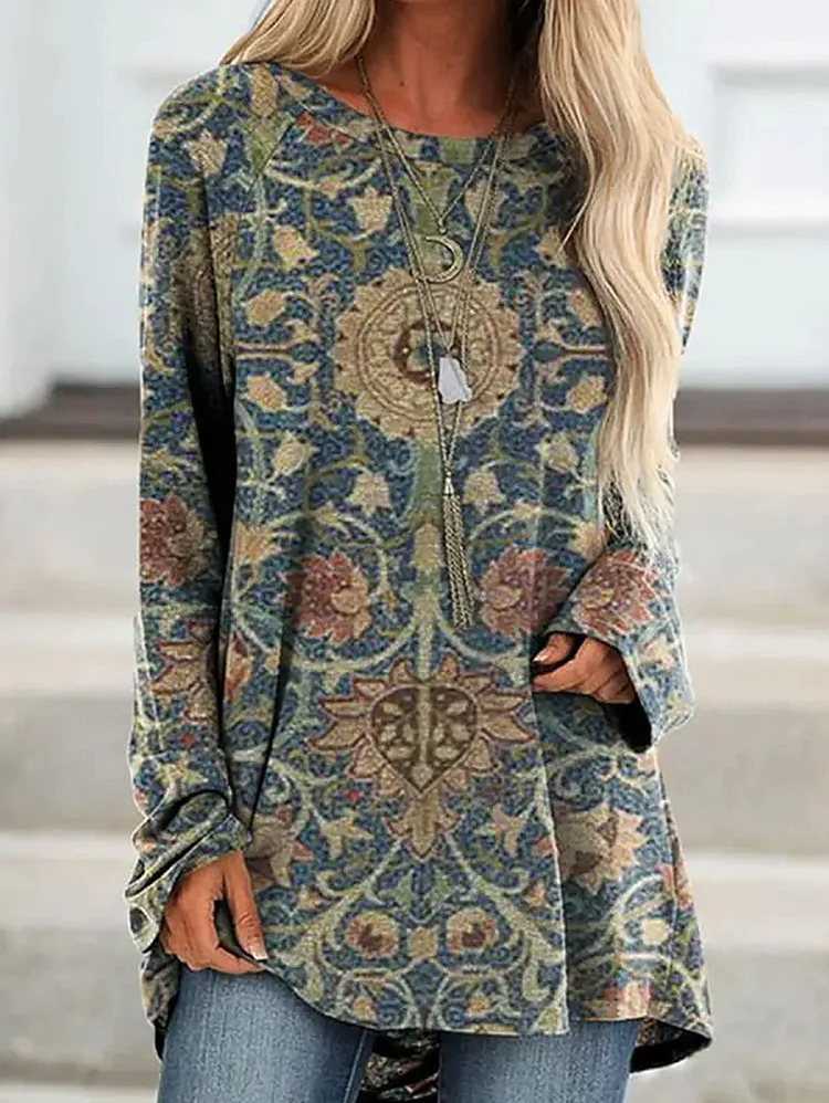 Ethnic Retro Print Crew Neck Long Sleeve T-Shirt