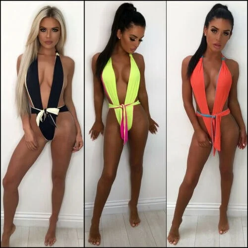 One Piece Women Summer Hollow Out Deep V neck Push-up Thong Swimsuit Bathing Suit Swimwear Monokini Swimming Suit