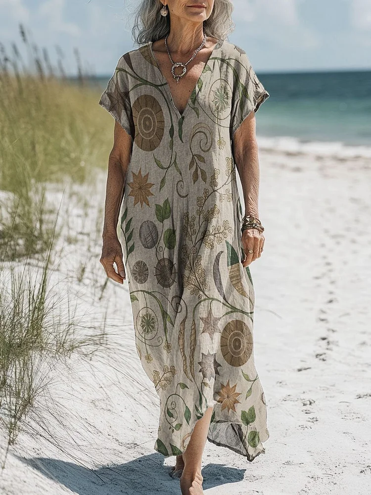 Women's Vintage Flower Art Print Pocket Cotton Dress
