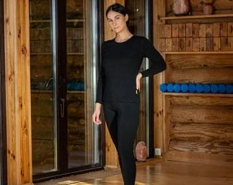pornhint Pornhint WomenÕs Long Sleeve Shirt & Black Leggings Two Piece Set/Breathable Knitted Lounge Set/Pajama Set Merino Wool Sustainable Clothing 250gsm