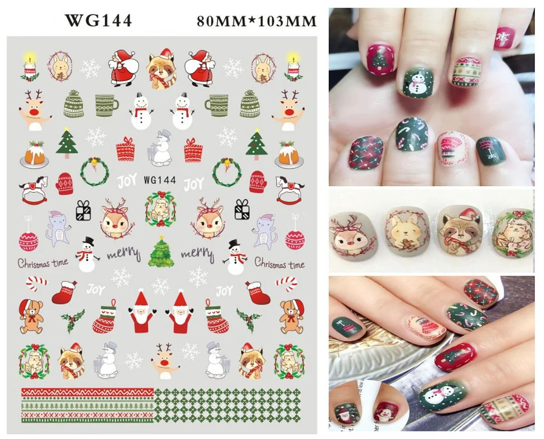Merry Christmas 3D Nails Sticker Winter Cute Cartoon Sliders Snowflake Elk Xmas Tree Decal UV Gel Polisn Manicures Foils Decor-Nail Inspo