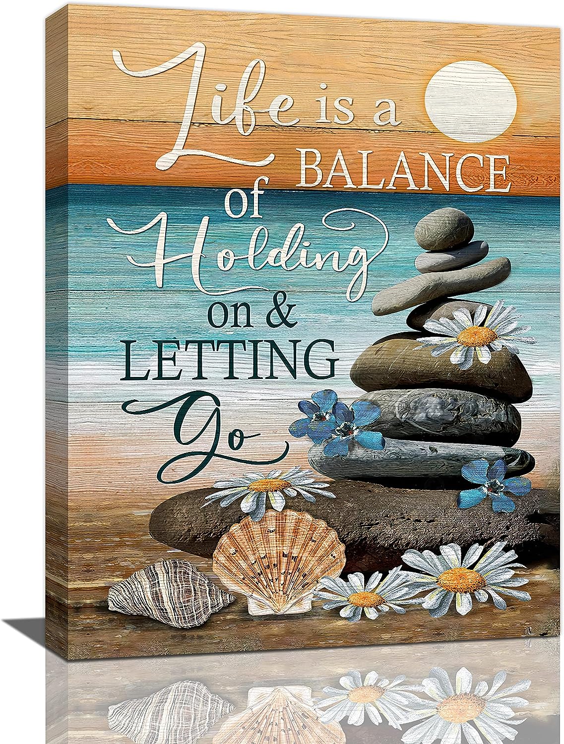 Inspirational Coastal Beach Canvas Wall Art Ocean Sunset Zen Stones Wall Decor Life Quotes Pictures Painting Prints Framed Artwork Decor for Bedroom Bathroom Living Room 12 inch x16 inch  12&#034;x16&#034;