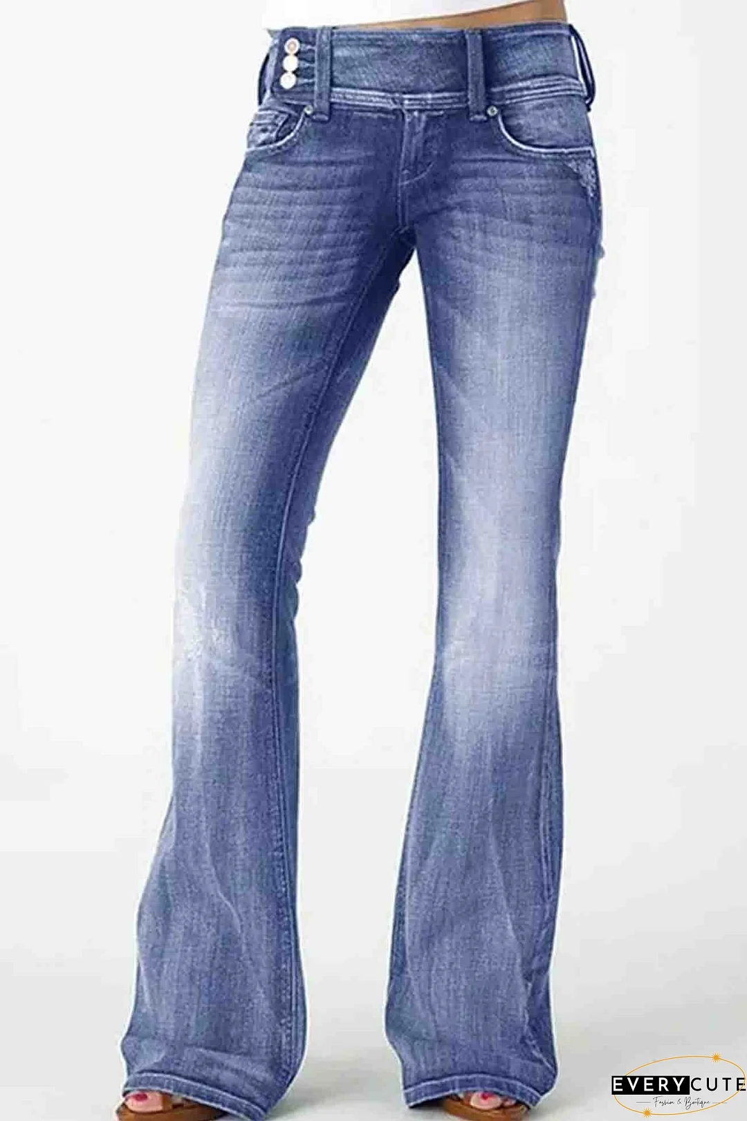 Retro Side Button Mid Rise Flares Jeans