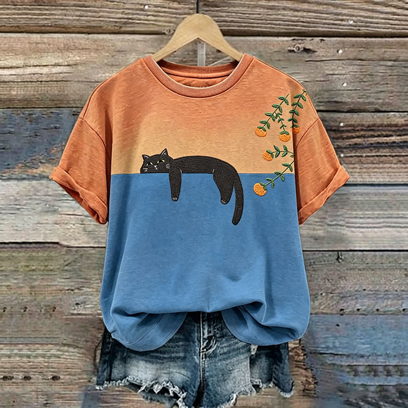 Comstylish Abstract Creative Lazy Cat In Patchwork Graphic Casual T-shirt
