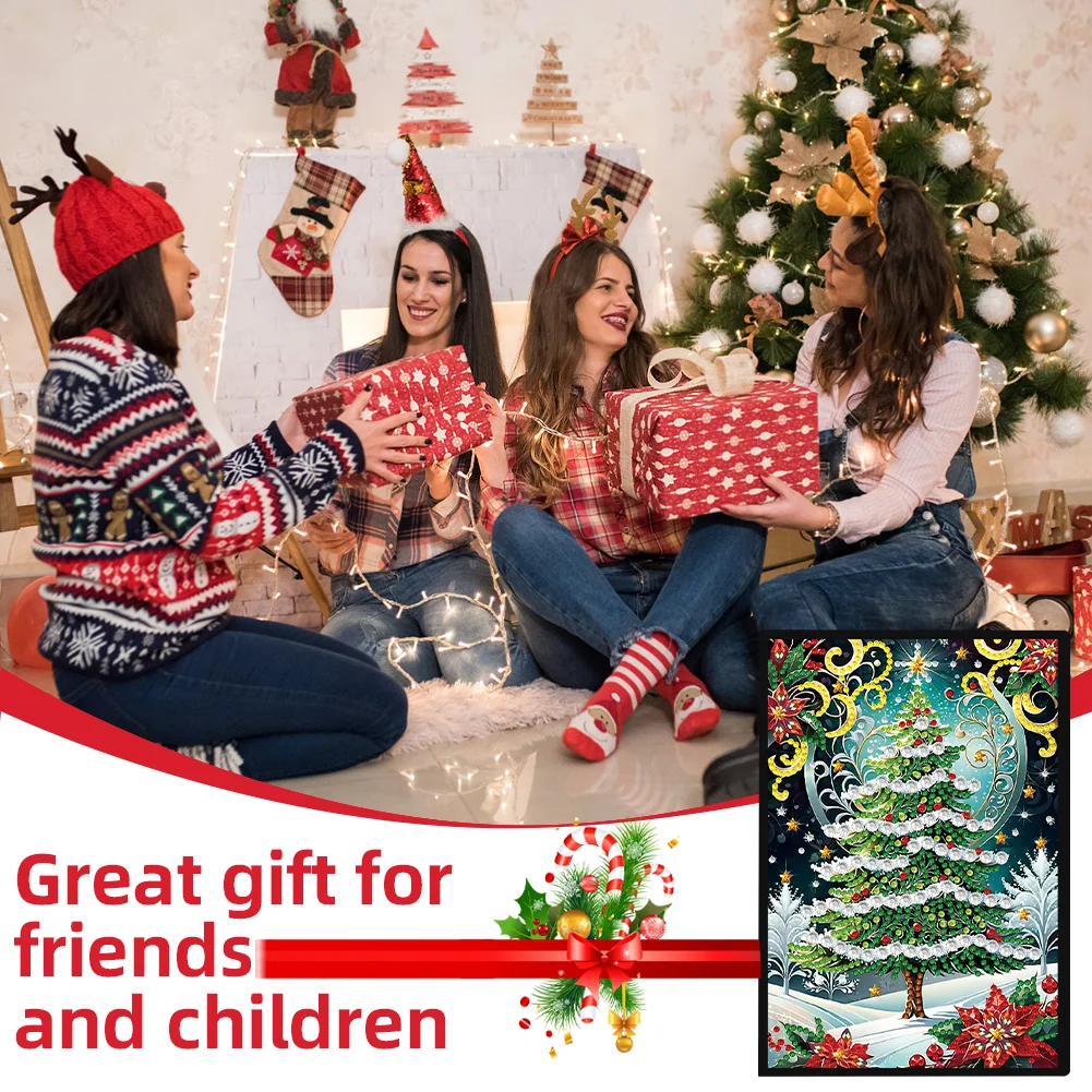 Christmas Tree A5 Size Diamond Painting Notebook Set with 4Pcs Bookmark Gift