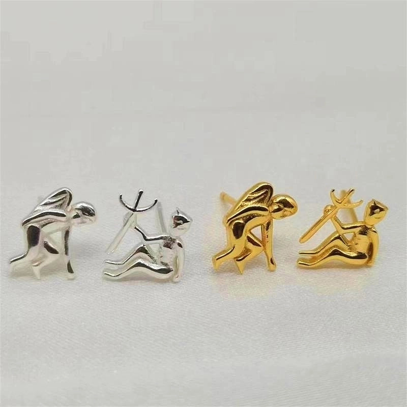 1 Pair 925 Sterling Silver Angel Demon Ear Studs