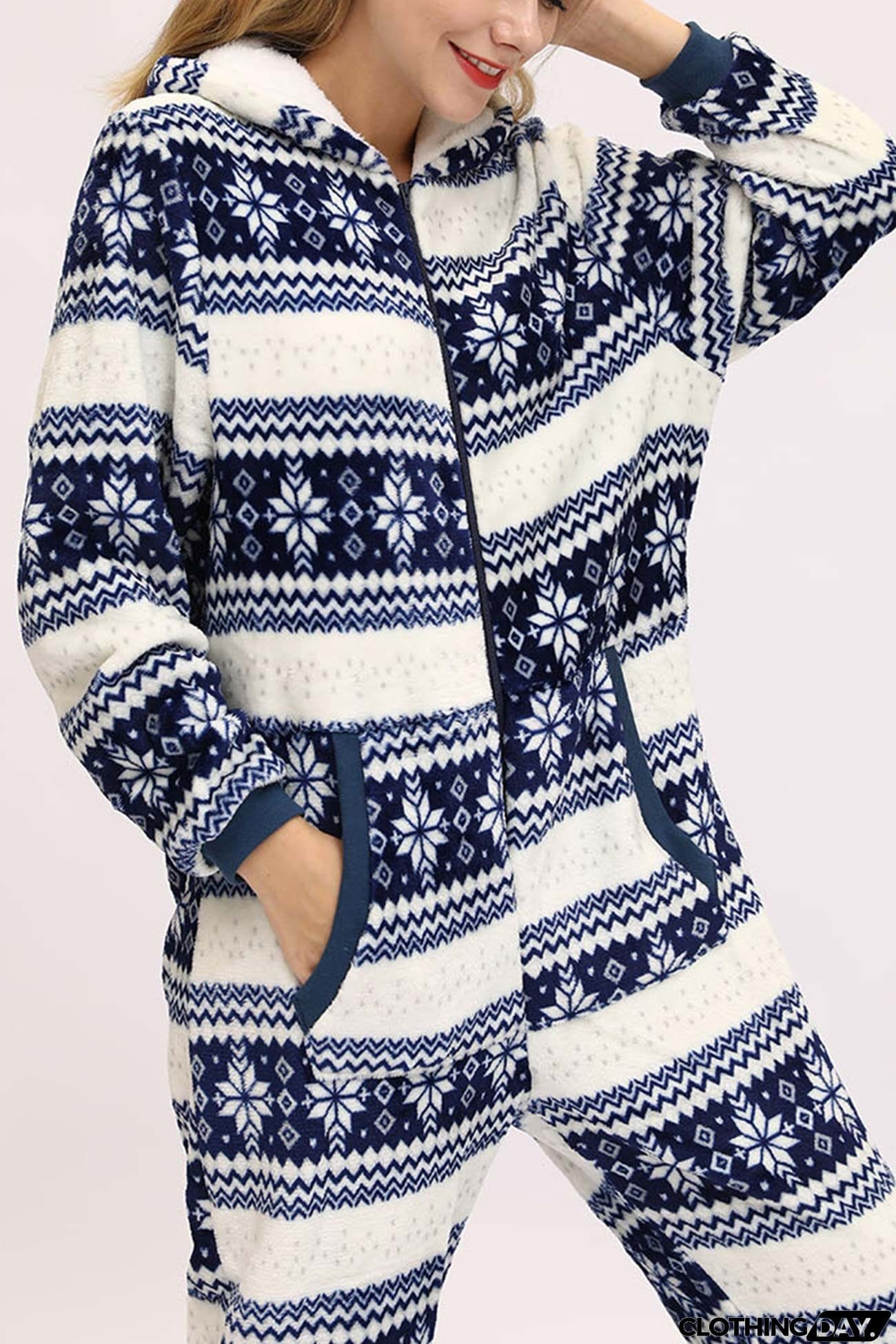 Christmas Printed Zipper Hooded Jumpsuits