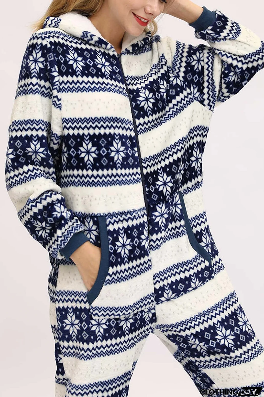 Christmas Printed Zipper Hooded Jumpsuits