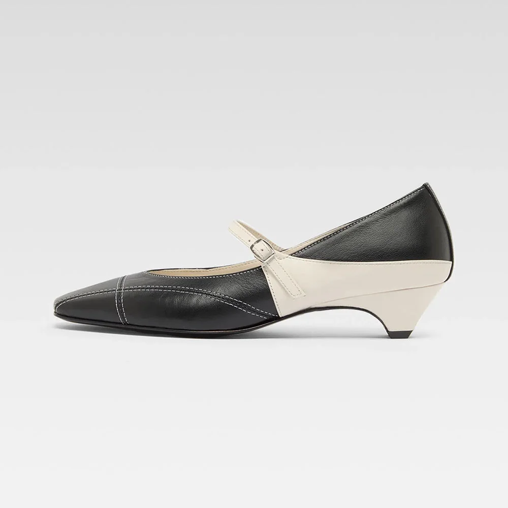 Fashion Black & Ivory Square Toe Contrast Stitching Mary Jane Pumps