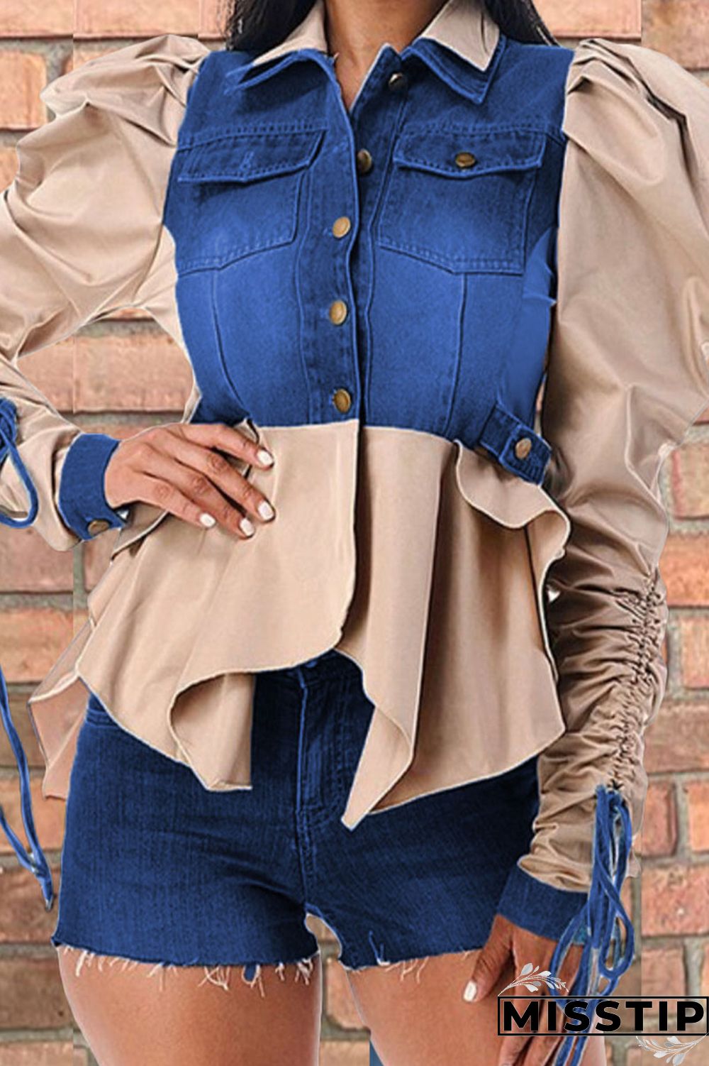 Green Casual Solid Patchwork Buckle Asymmetrical Turndown Collar Long Sleeve Straight