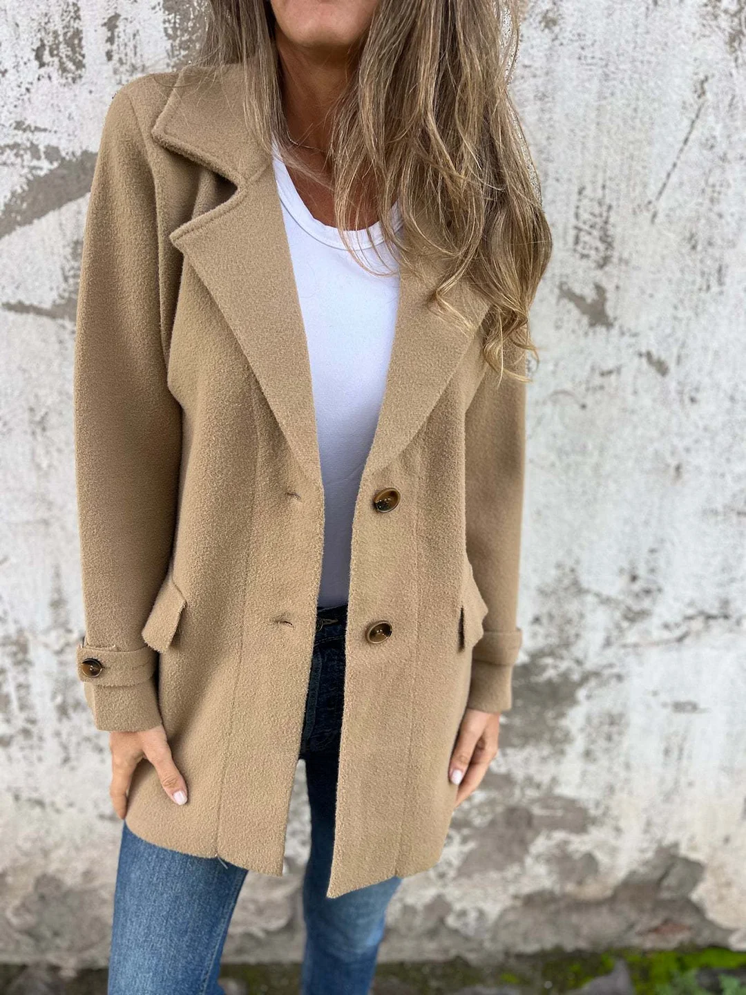 Nigikala Nigikala Autumn And Winter New Women's Wool Coat Casual Loose Collar Fake Pocket Open Shirt