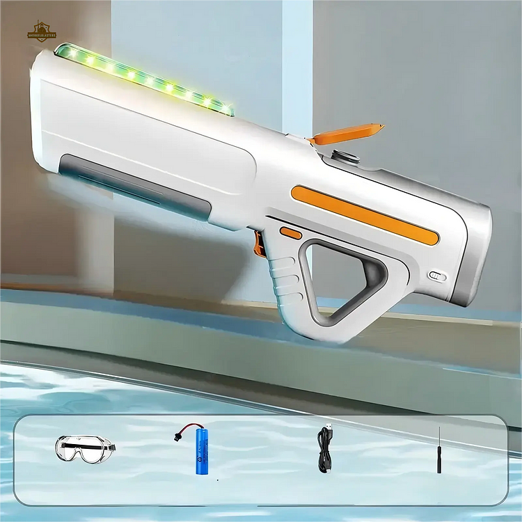 White HydroSurge electric water gun on pool ledge with battery, USB charger, goggles and screwdriver accessories.