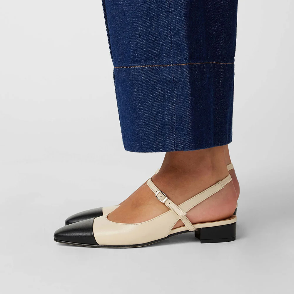 Women's Black & Beige Mary Jane Slingback Flat Closed Toe Shoes