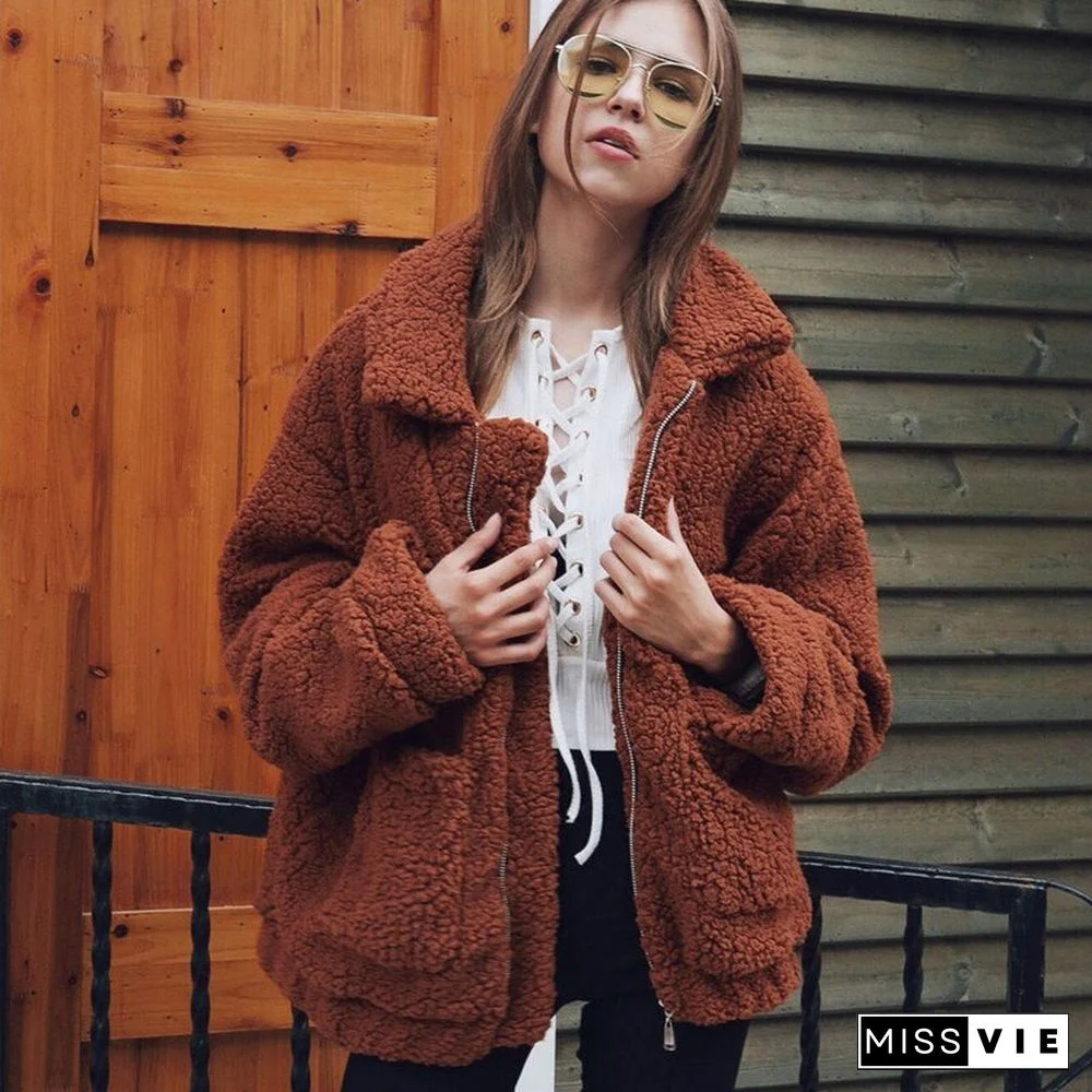 Elegant Faux Fur Coat Women Autumn Winter Thick Warm Soft Fleece Jacket Female Pocket Zipper Overcoat Bear Teddy Coat 3XL