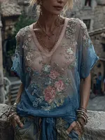 Women's Vintage Floral Art Print Comfy V Neck T-shirt