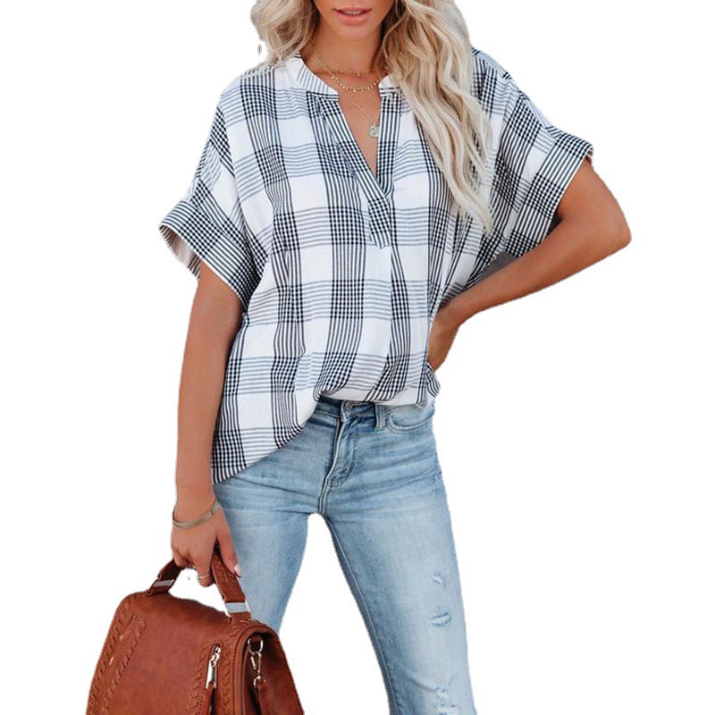 Spring And Summer New Plaid Short-sleeved Shirt Orinting V-neck Loose Casual Top