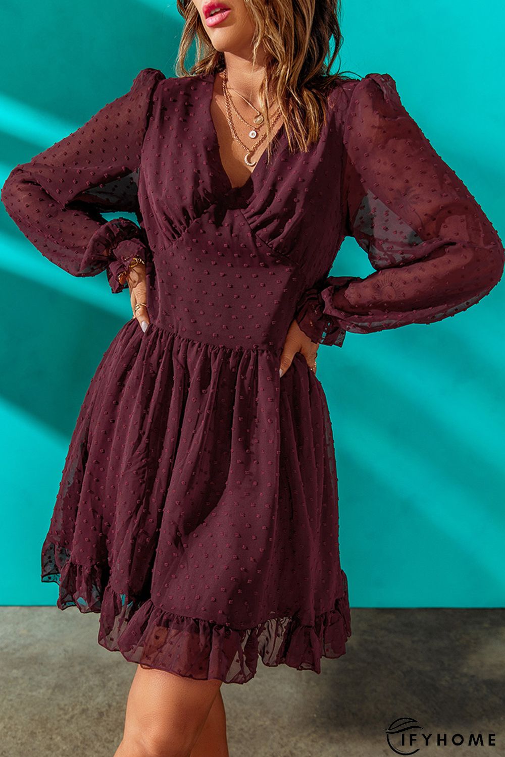 Wine Red V Neck Lantern Sleeve Swiss Dot Mini Dress | IFYHOME