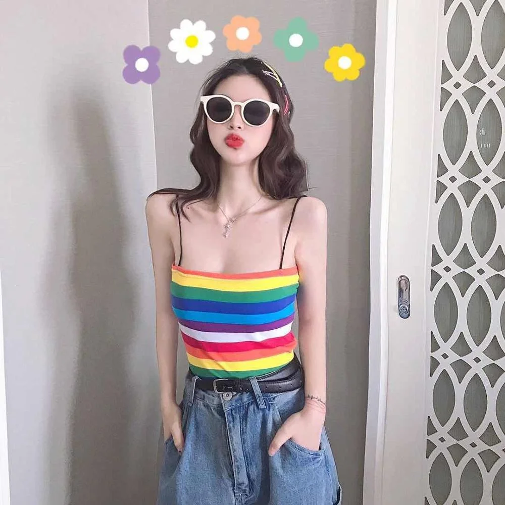 Tank Top Women Sexy Rainbow Top Knitted Stretch Cami Cropped Summer Harajuku Kawaii Cute Tops